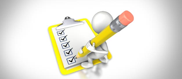 A 3D white figure holding a large yellow pencil checks off items on a clipboard with a yellow border.