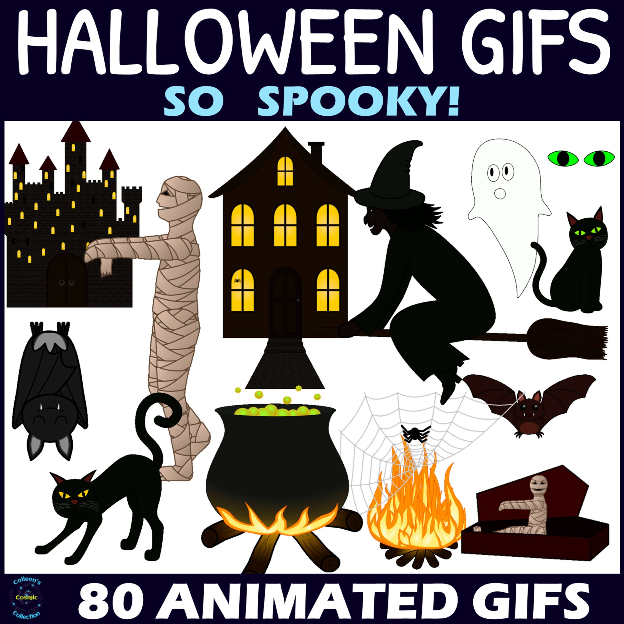 Halloween-themed animated GIF collection featuring witches, ghosts, mummies, bats, black cats, haunted houses, and cauldrons.