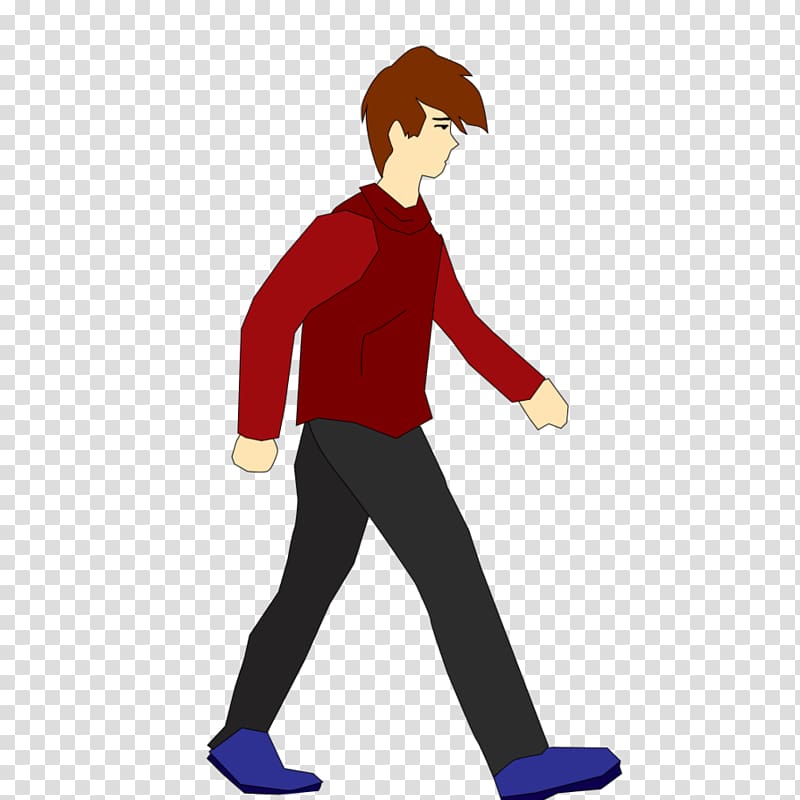 Young man with brown hair walking in profile, wearing red turtleneck, black pants, and blue shoes on transparent background.