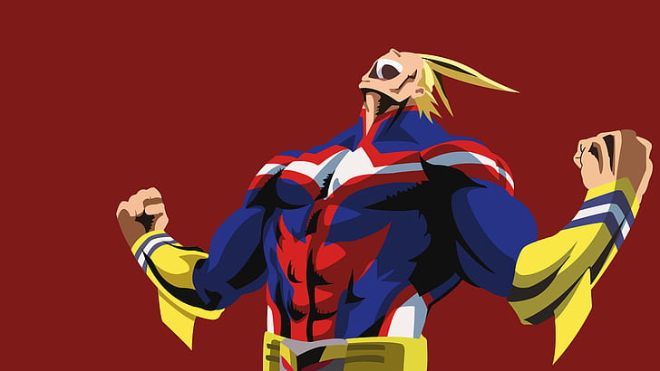 All Might from My Hero Academia, flexing muscles in iconic red, white, and blue hero suit against deep red background.
