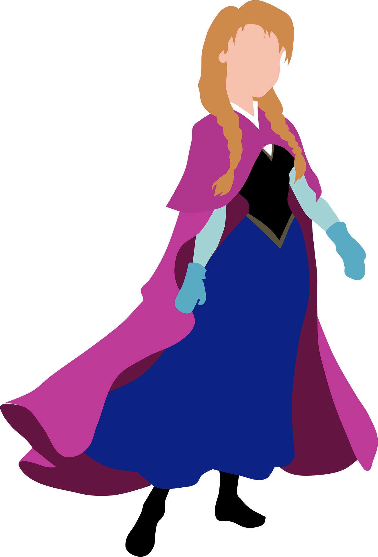 Stylized illustration of a young woman with braided red hair, wearing a blue dress, black bodice, magenta cape, and light blue gloves.
