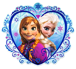 Anna and Elsa from Frozen inside a decorative heart-shaped frame with floral swirls and snowflakes.