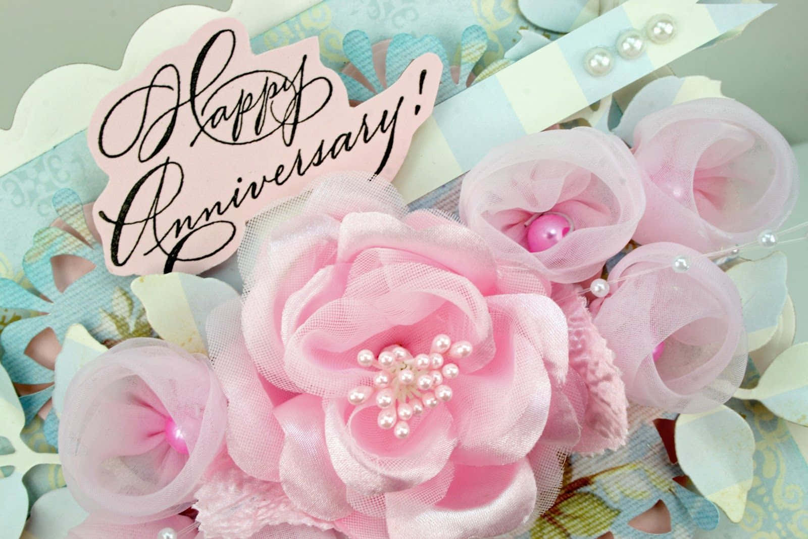 Elegant Handmade Anniversary Card with Pink Floral Embellishments
