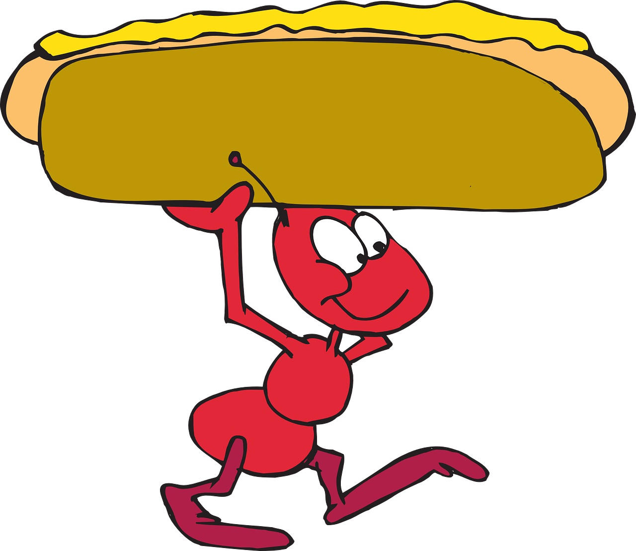 A cheerful red cartoon ant carrying a giant hot dog with mustard on its head.