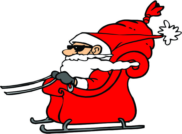 Cool Santa Claus wearing sunglasses, skiing with a sack of gifts on his back.