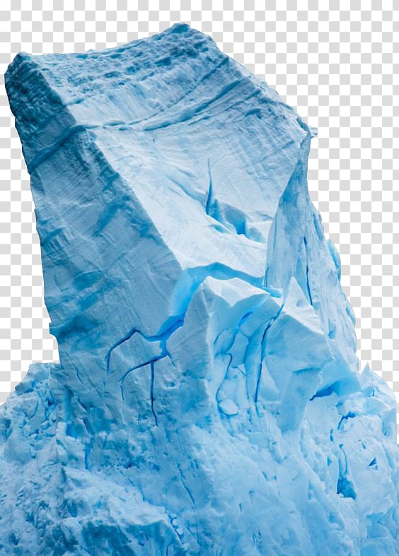 Towering blue glacier with deep crevasses and layered ice formations against transparent background.