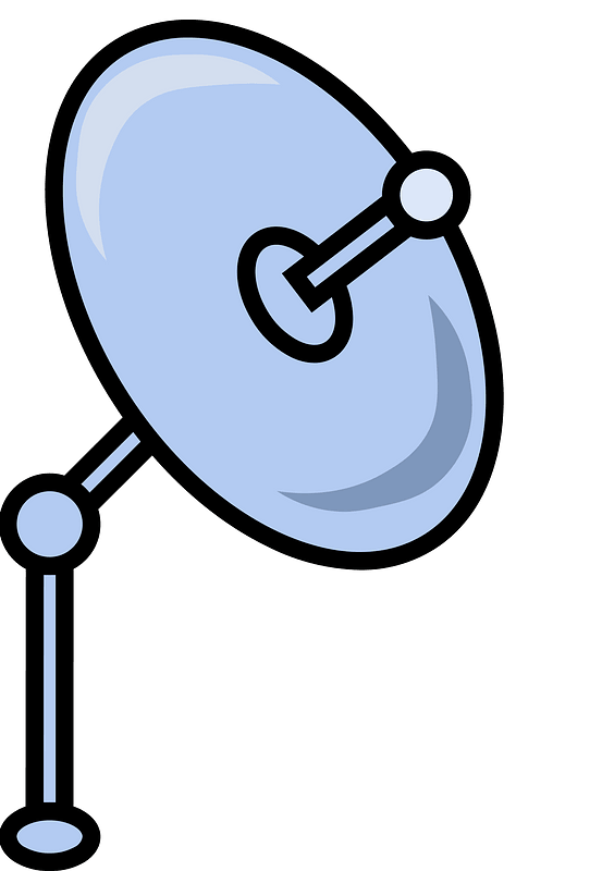 Light blue satellite dish icon with black outline and feed horn, mounted on a stand.