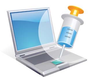 Laptop with a syringe injecting liquid into its touchpad, symbolizing software updates or virus removal.