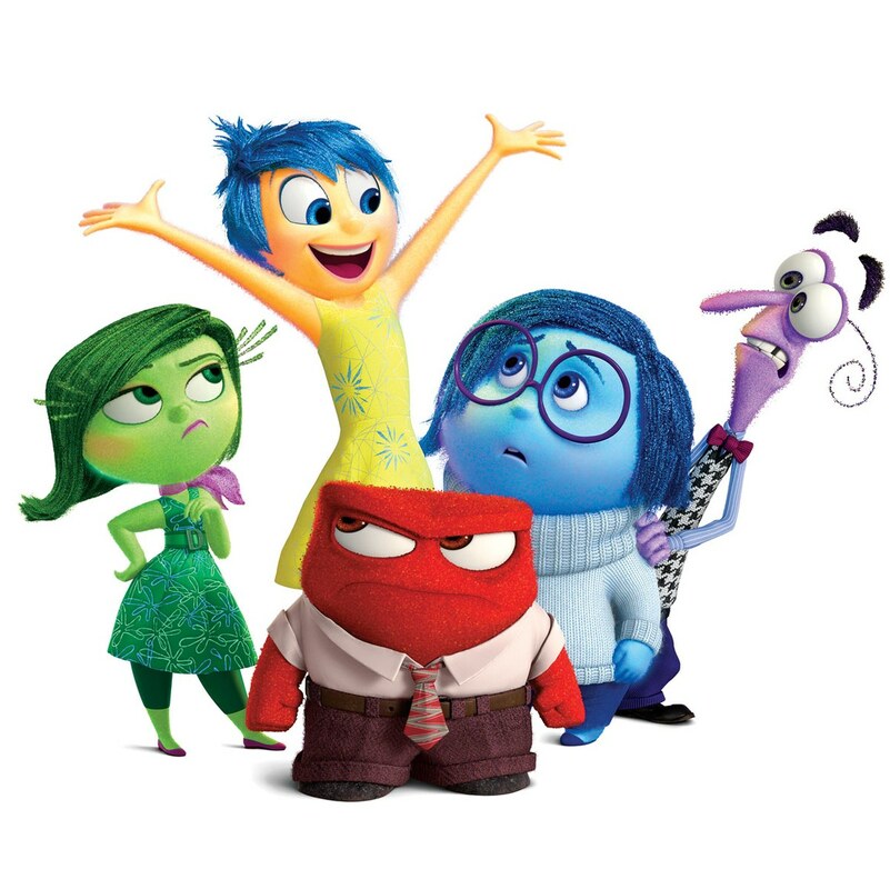 Five animated emotion characters from Disney Pixar’s Inside Out: Joy, Sadness, Anger, Disgust, and Fear posing together.