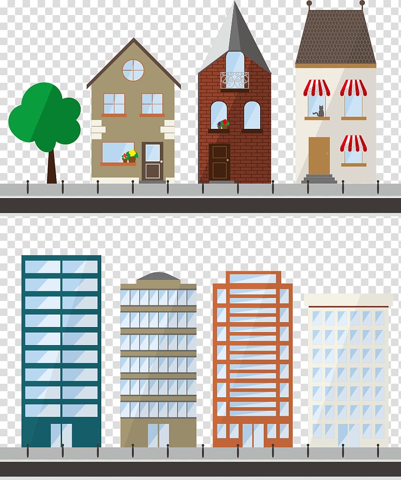 Illustration of residential houses and modern office buildings in flat design style on a city street.