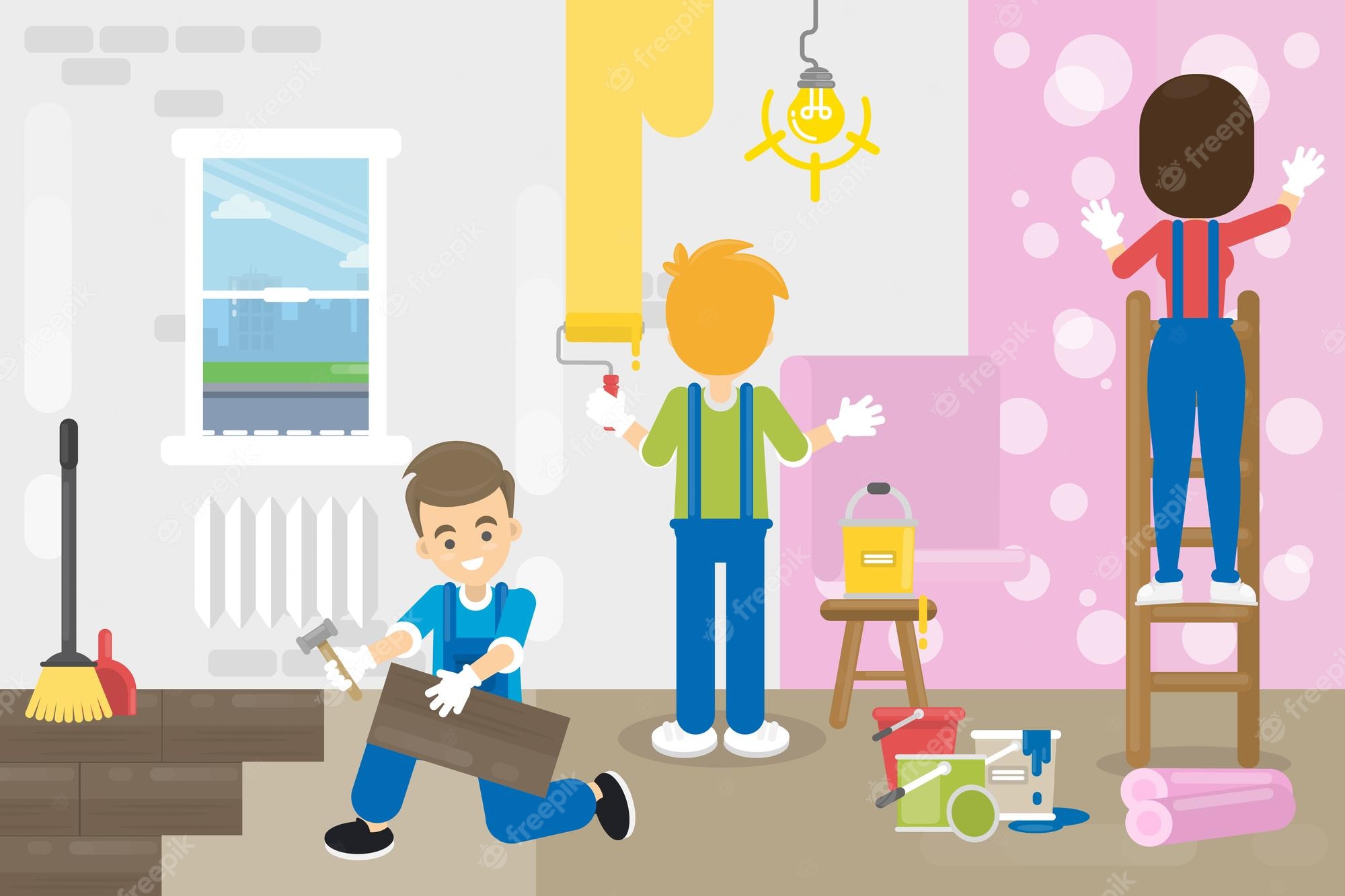 Three people renovating a room-painting walls, installing flooring, and preparing surfaces-with tools and paint supplies scattered around.