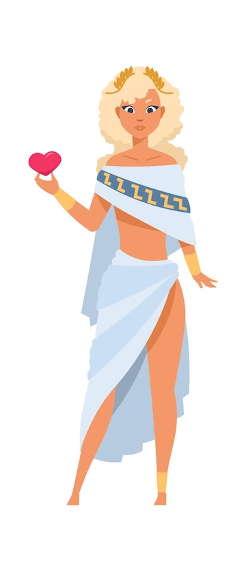 A blonde Greek goddess in a white toga with gold laurel crown, holding a red heart.