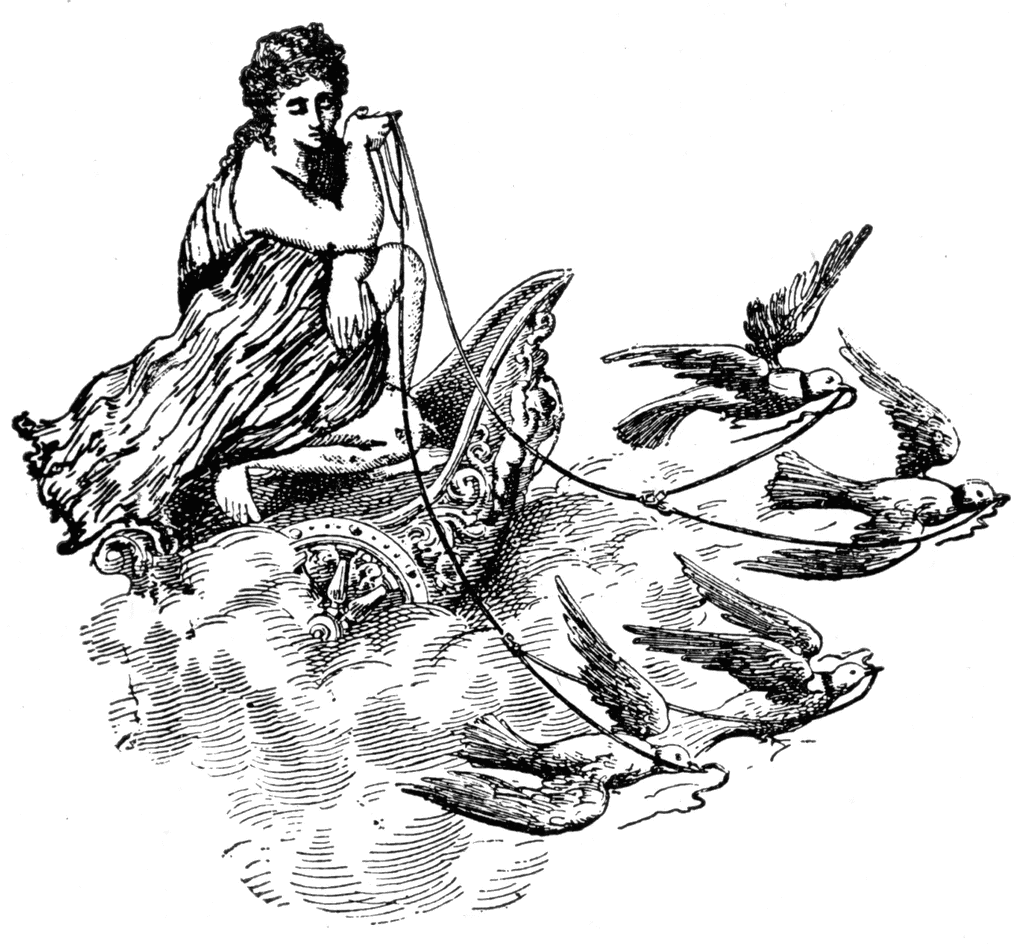 A classical woman in flowing robes rides a cloud-borne chariot pulled by swallows, holding reins with serene expression.