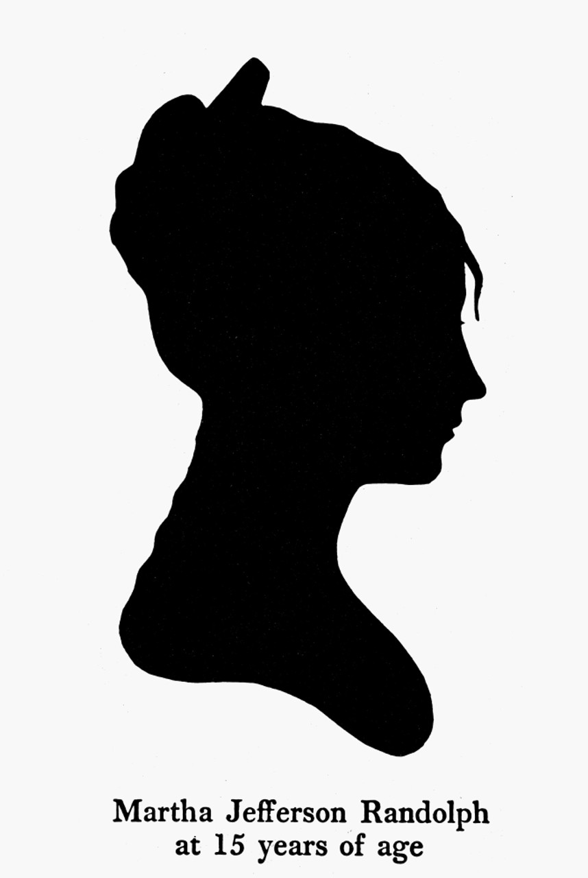 Silhouette portrait of Martha Jefferson Randolph at age 15, in profile with updo hairstyle and period attire.
