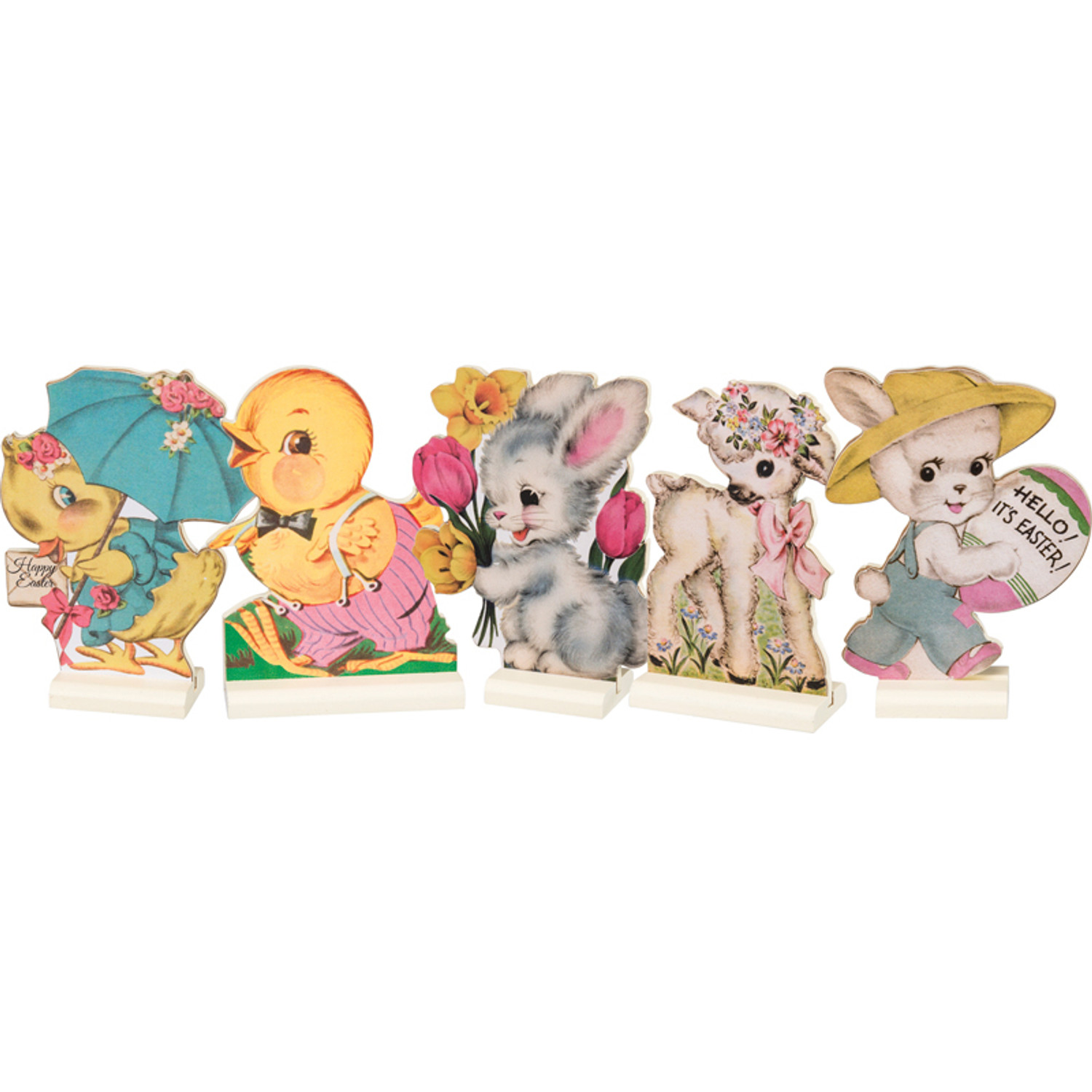 Vintage Easter figurines: chick, duckling, bunny, lamb, and rabbit holding flowers and signs, on wooden stands.