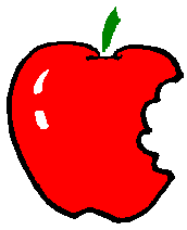 A bright red cartoon apple with a bite taken out and a green leaf on top.