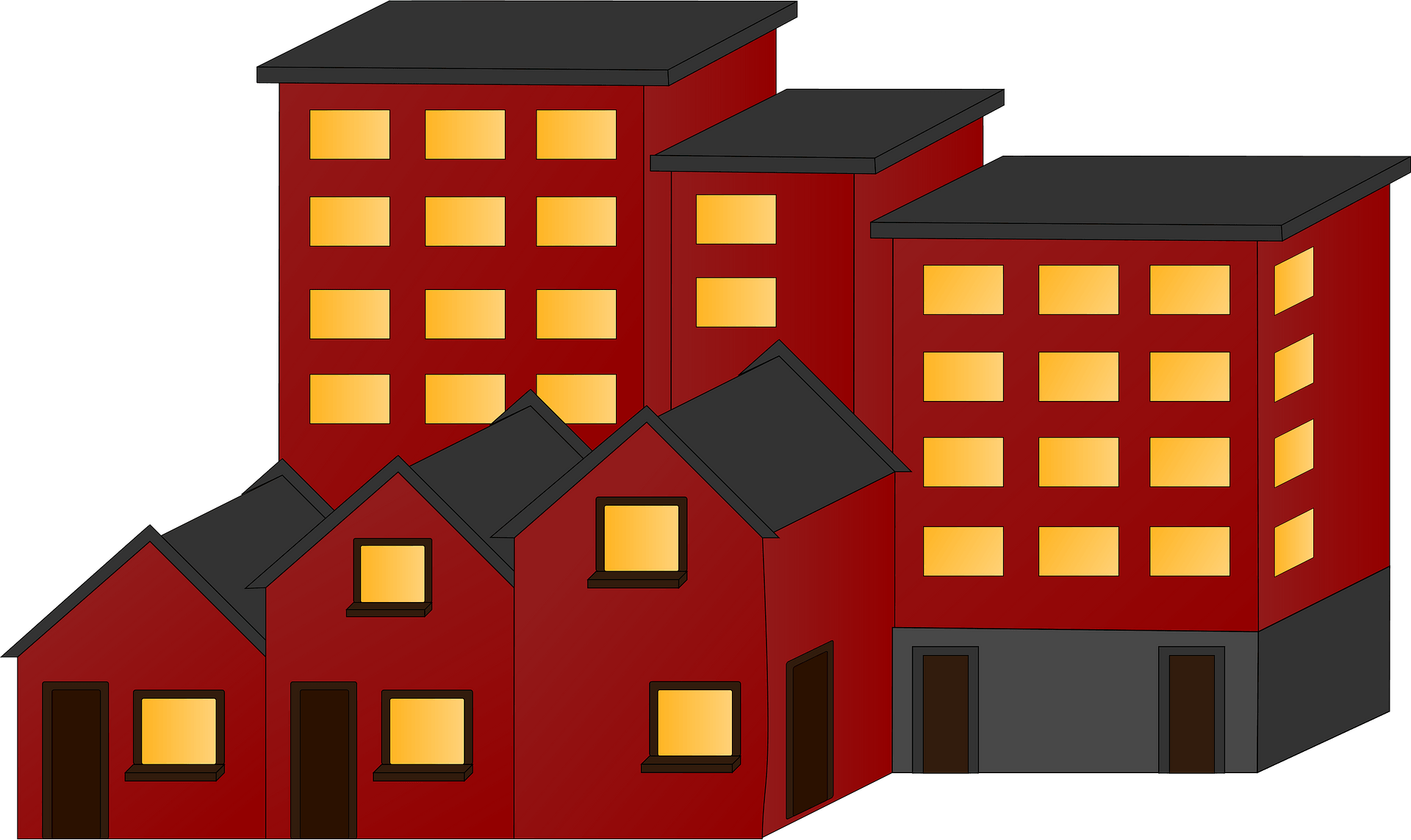 Red residential buildings with glowing yellow windows against a dark teal background, depicting a cozy urban neighborhood at dusk.