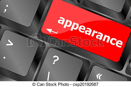 Red keyboard key labeled "appearance" with arrow, surrounded by standard black keys including question mark and semicolon.