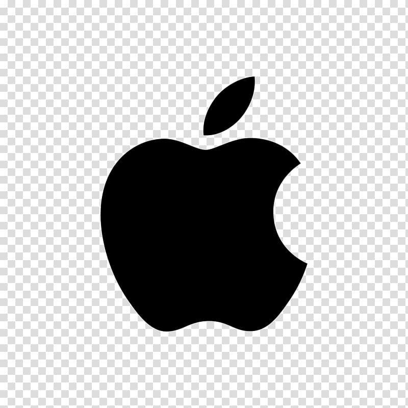 Black Apple Inc. logo silhouette with bite mark and leaf on transparent background.