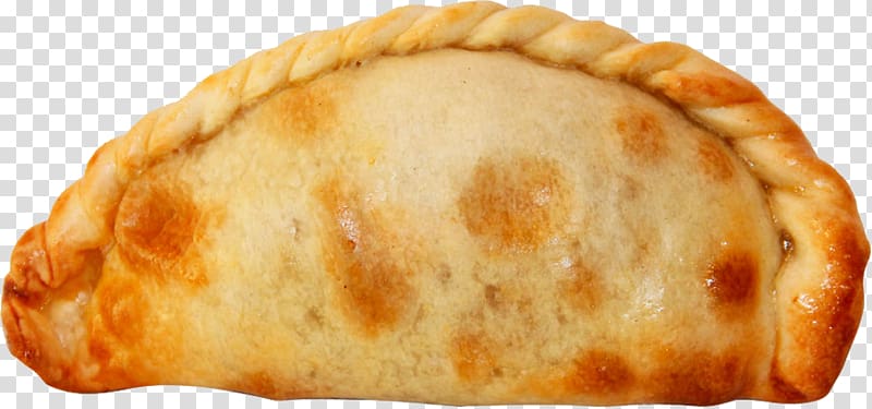 Golden-brown baked empanada with braided crust and flaky texture, isolated on transparent background.