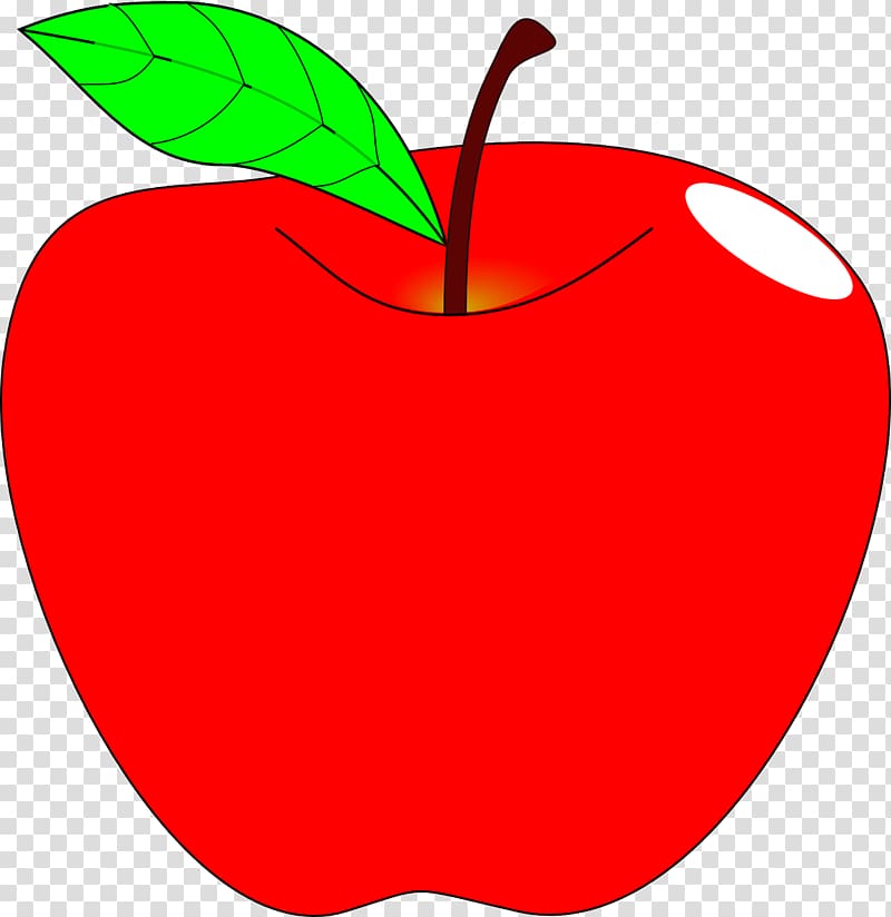 Bright red apple with green leaf and brown stem, glossy highlight on right side.