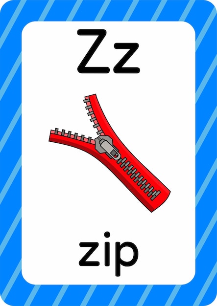 Letter Z flashcard showing uppercase and lowercase Zz with a red zipper illustration labeled "zip".