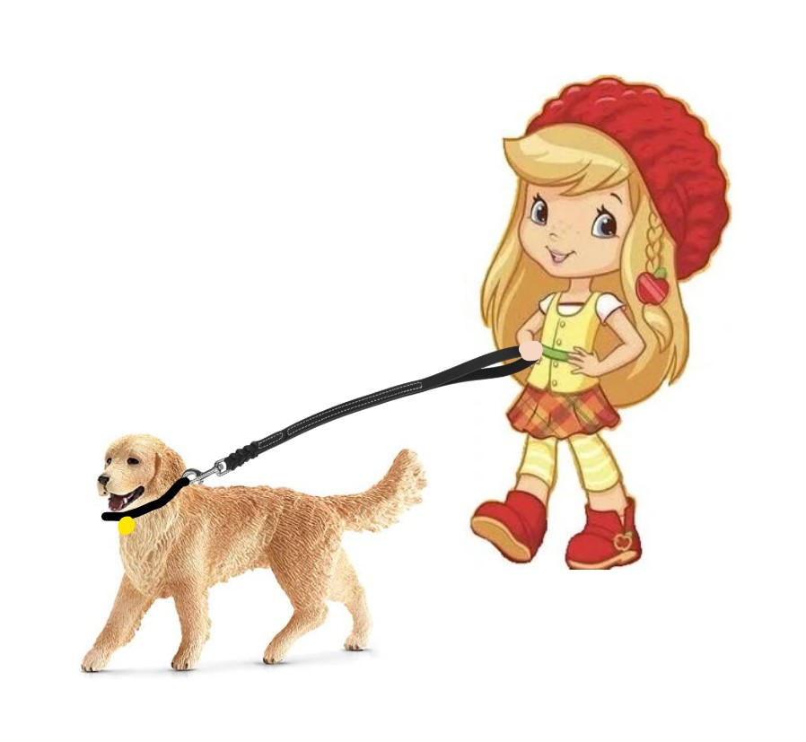A cartoon girl with red strawberry hat walks a golden retriever on a black leash.