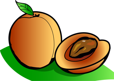 A whole apricot with a green leaf and a halved apricot showing its pit, resting on a green surface.