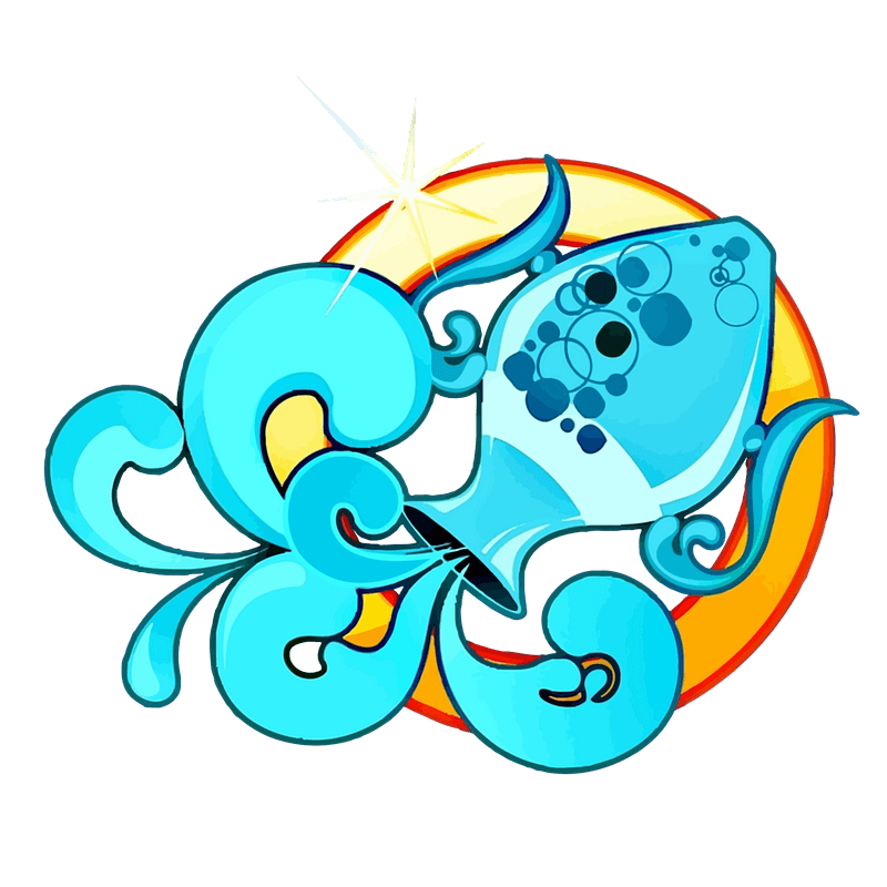 Stylized blue octopus with swirling tentacles and bubbles, set against a radiant sunburst background.