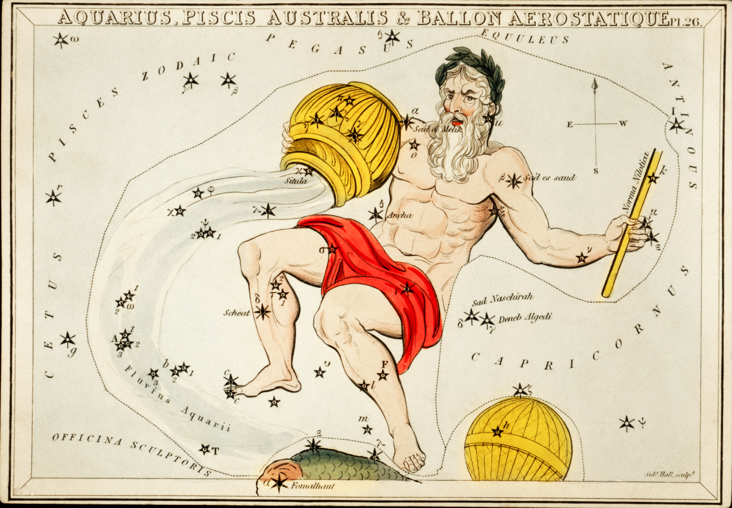 Aquarius, Pisces Australis & Aerostatic Balloon - 19th-Century Celestial Chart