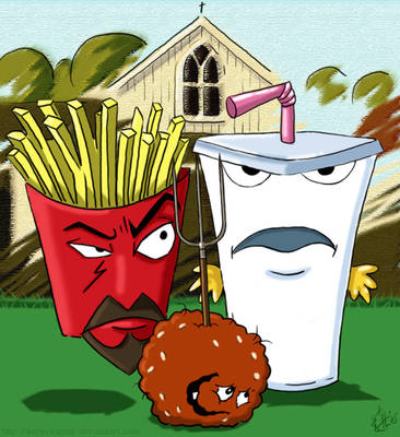 Angry anthropomorphic fast food items-fries, soda, and chicken nugget-stand before a church with expressive faces.