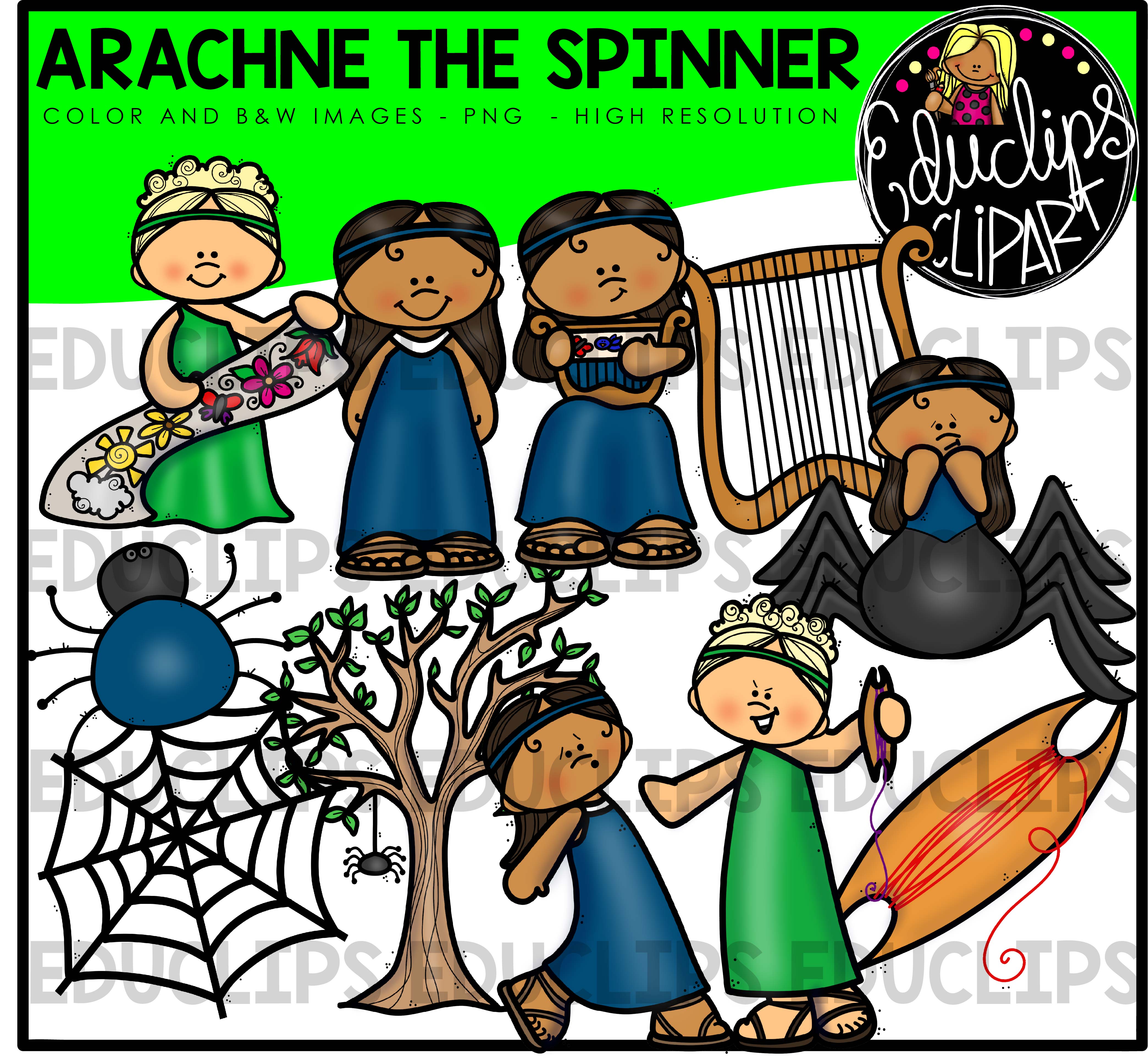 Clipart set showing Arachne the spinner myth: weaving, harp, transformation into spider, tree, and Athena confrontation.
