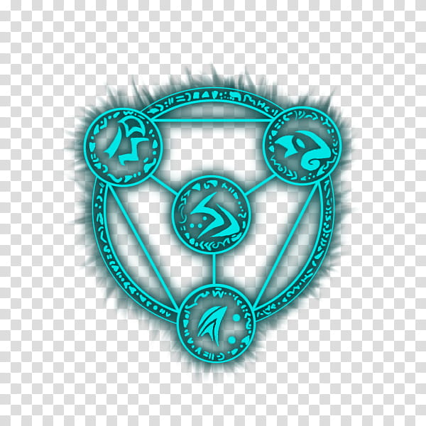 Glowing cyan mystical symbol with four circular sigils connected in a triangular formation, surrounded by arcane runes and energy aura.