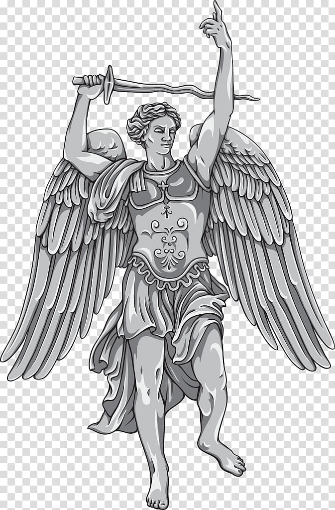 Winged angelic warrior holding a sword aloft, wearing ornate armor and draped robes, in classical sculptural style.
