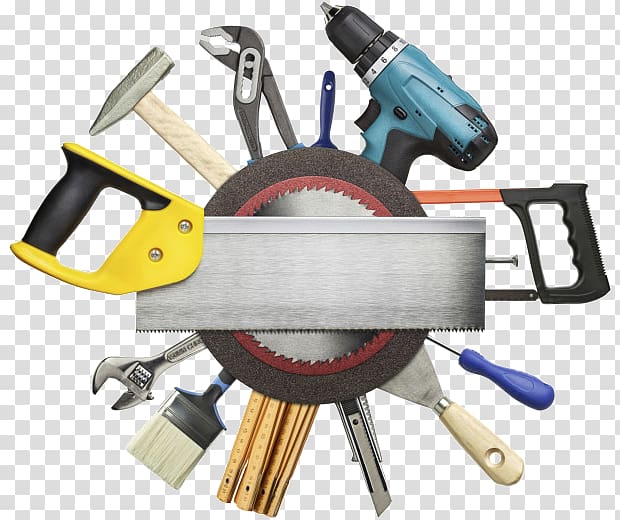 A circular arrangement of common hand and power tools including saw, drill, wrench, hammer, brush, and screwdriver.