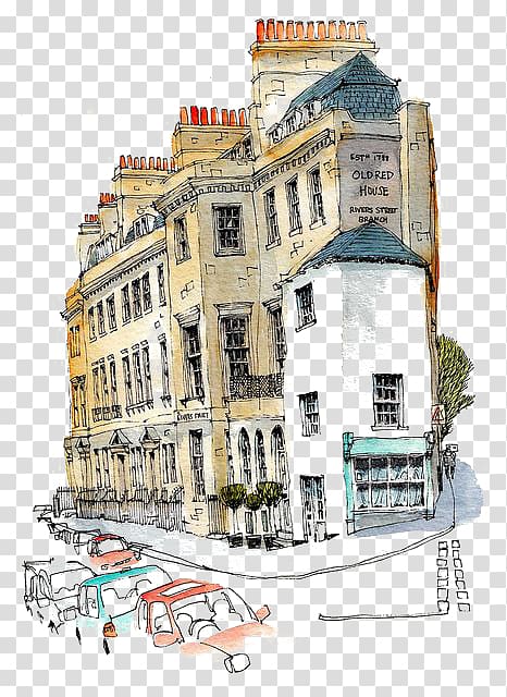 Watercolor sketch of a historic London corner building labeled "Old Red House," with vintage cars and street details.