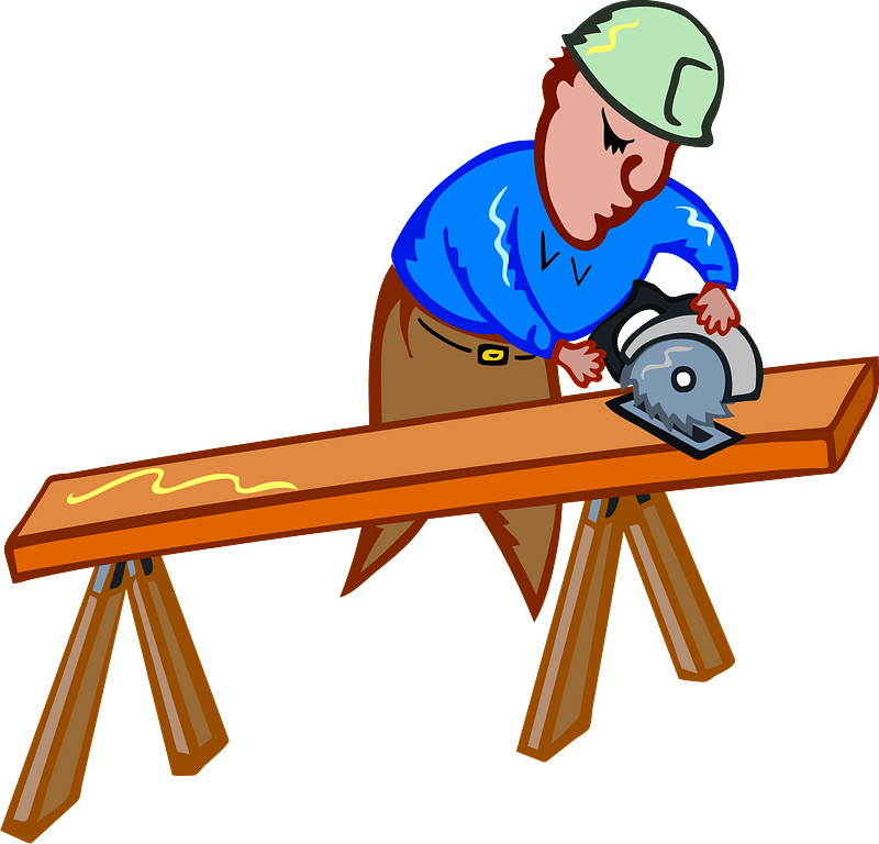 Carpenter in blue shirt and green hard hat using circular saw on wooden plank supported by sawhorses.
