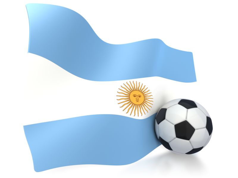 Argentine flag waving beside a classic black-and-white soccer ball on white background.