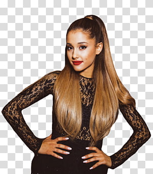 Ariana Grande posing confidently in a black lace long-sleeve top with high ponytail and red lipstick.