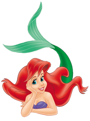 Ariel, the Little Mermaid, with flowing red hair and green tail, resting her chin on her hand with a thoughtful smile.