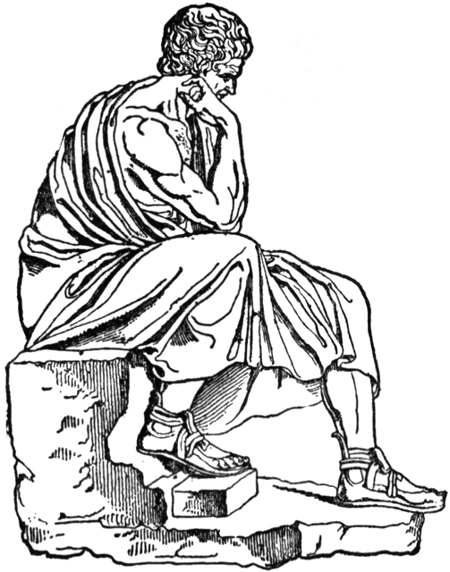 Classical line drawing of a seated philosopher in contemplation, draped in togas, resting chin on hand.