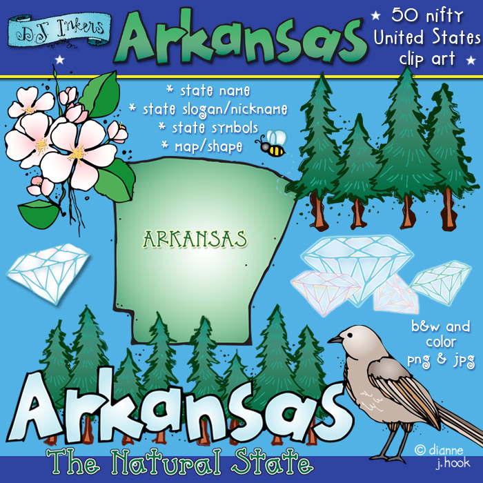Arkansas state clip art featuring map, pine trees, apple blossoms, diamonds, and a bird; "The Natural State" theme.