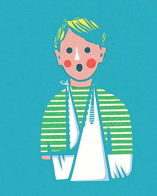A stylized illustration of a surprised boy with blond hair, wearing a green striped shirt and a white arm sling against a teal background.