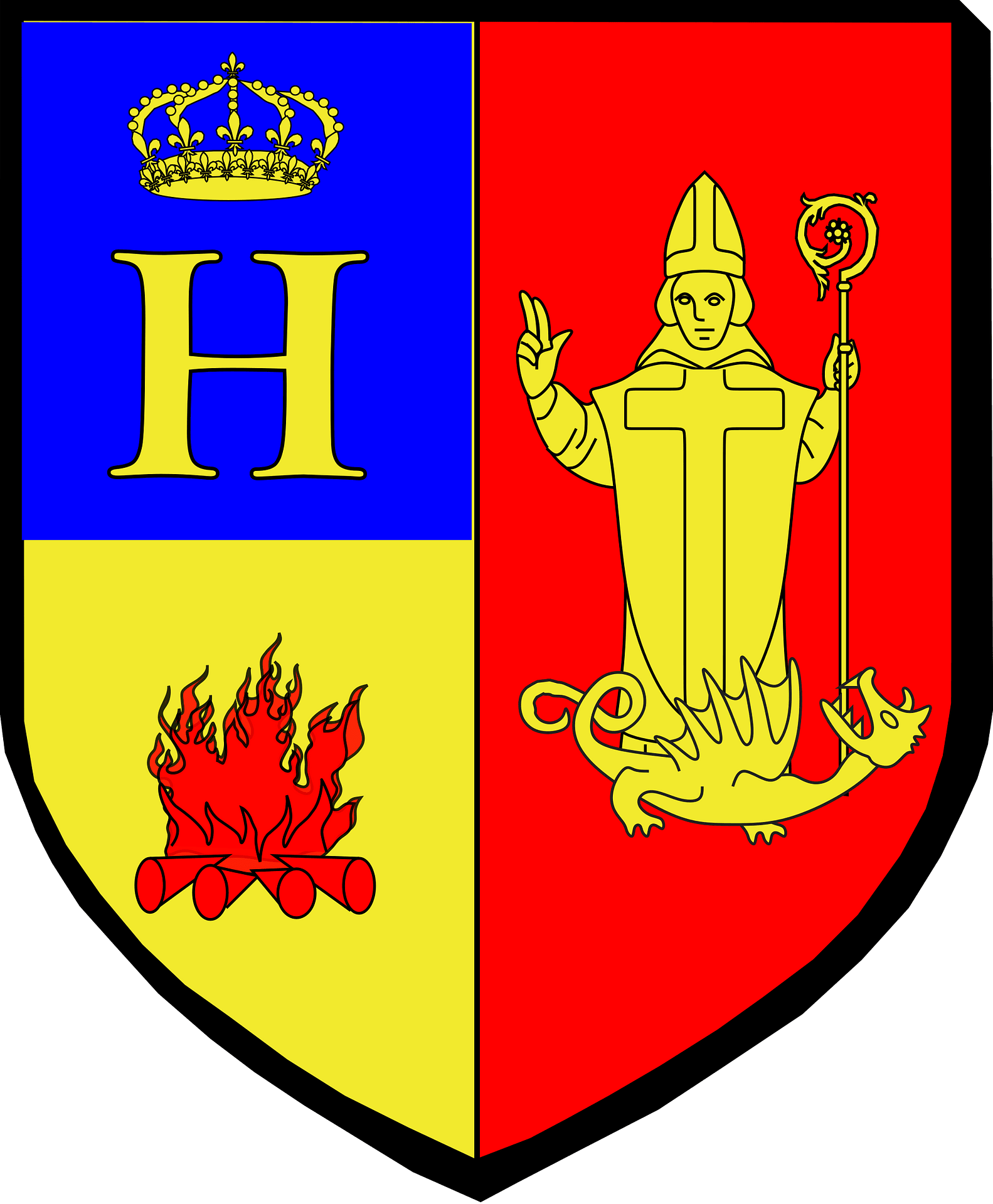 Heraldic shield divided into three sections: crowned H on blue, fire on yellow, and saint slaying dragon on red.