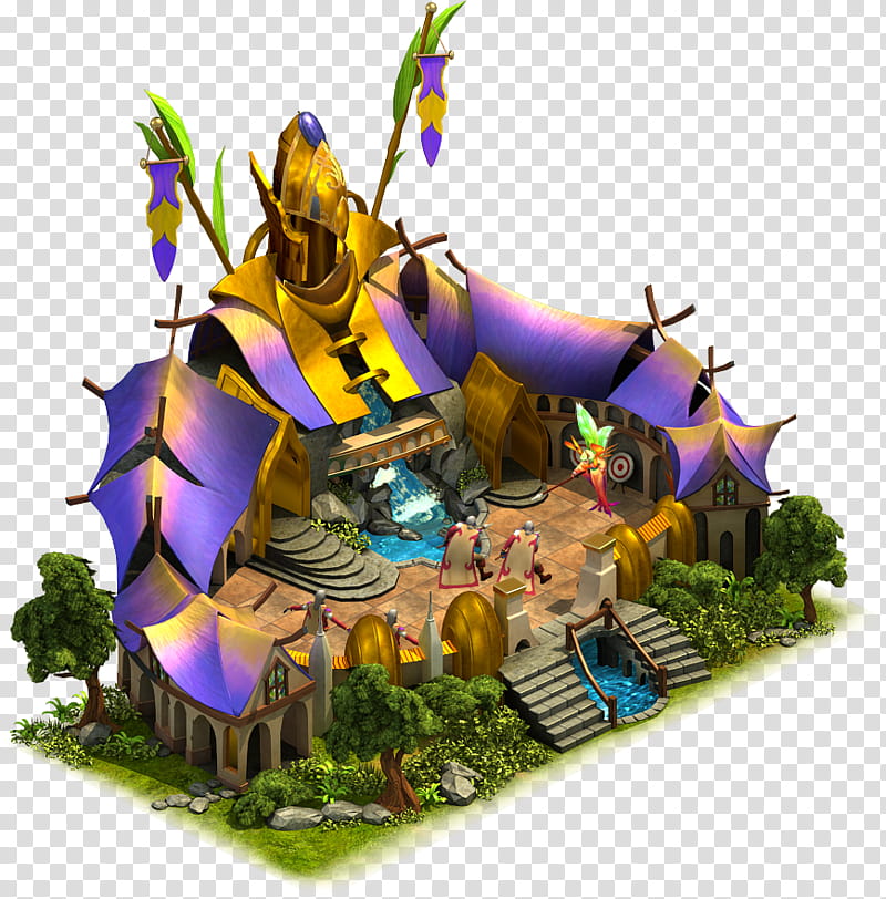 Fantasy-themed village with golden architecture, purple canopies, waterfalls, and whimsical characters in a vibrant isometric scene.