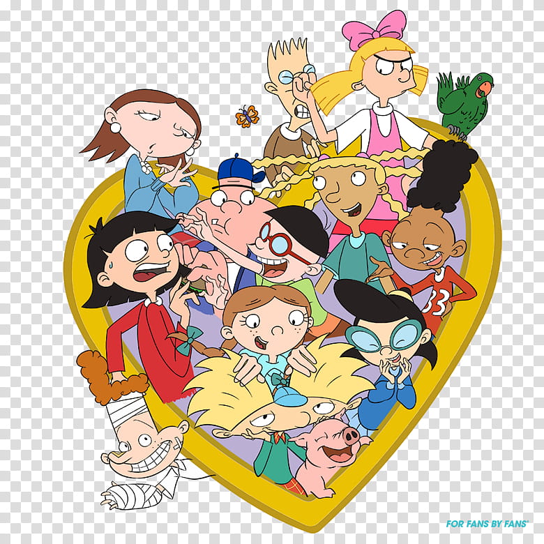 A vibrant heart-shaped collage of animated characters from various Nickelodeon shows, including Hey Arnold!, Rugrats, and The Wild Thornberrys.