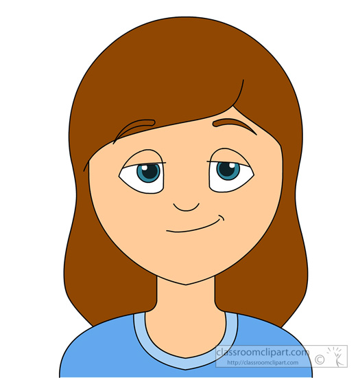 Cartoon illustration of a smiling girl with brown hair and blue eyes wearing a blue shirt.