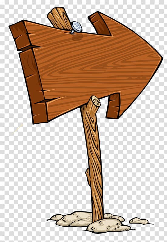 Rustic wooden arrow signpost with cracked wood and nail, planted in rocks on transparent background.
