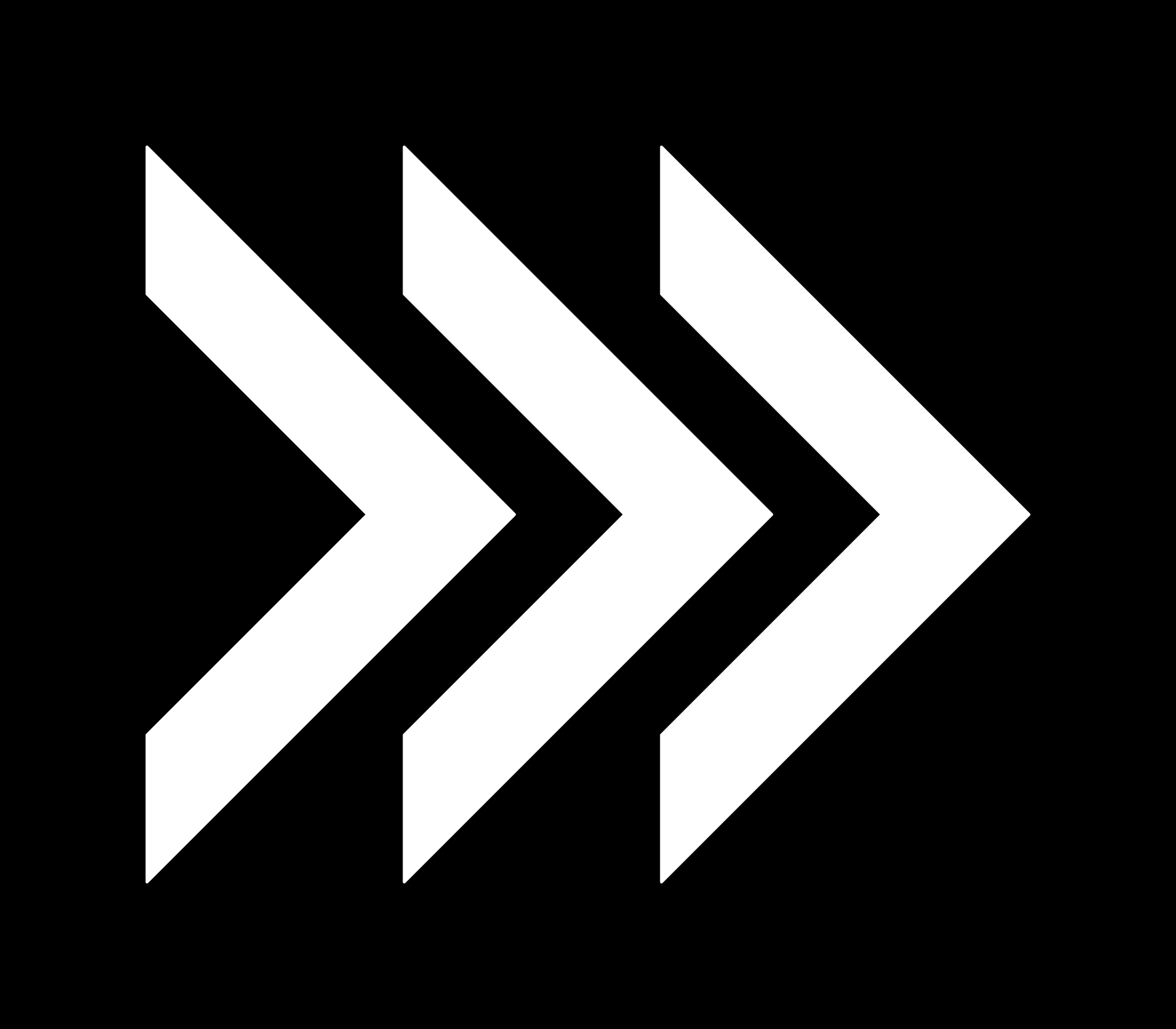 Three white right-pointing chevron arrows on a black background, symbolizing forward motion or progression.