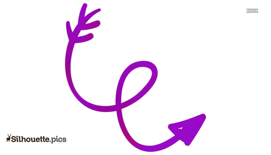Purple stylized arrow with a looping, vine-like shaft ending in a sharp tip and leafy flourish.